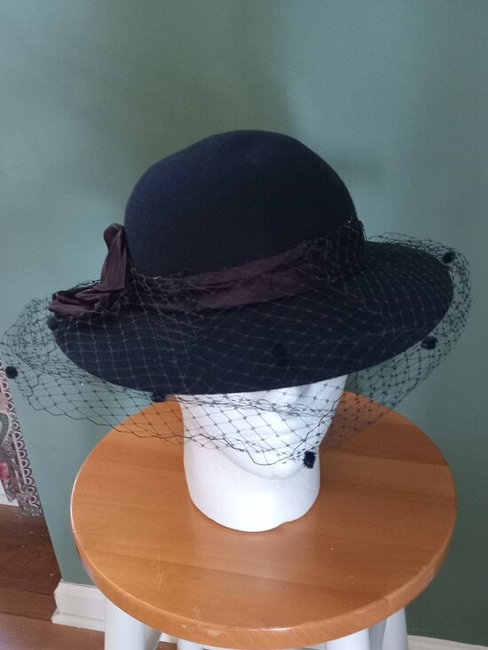Michael Howard "georgi" Accessories - Veiled/Ribboned Navy Wool "Church Hat" by Michael Howard
